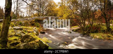 Ponte in pelle per il fiume Riddipitt nel Parco Nazionale di Dartmoor Foto Stock