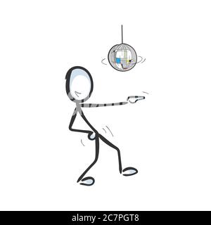 Festa danzante divertendosi. Palla semplice da disco vettoriale. Danza retrò. Stickman nessun fumetto clipart del viso. Disegnata a mano. Schizzo di Doodle, illustrazione grafica Illustrazione Vettoriale
