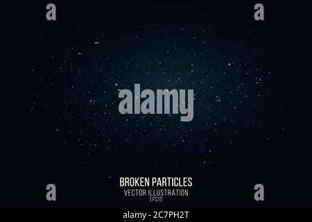 Effetto vetro rotto con piccole particelle isolate su sfondo nero. Frammenti volanti e un bagliore blu. Illustrazione vettoriale. EPS 10 Illustrazione Vettoriale