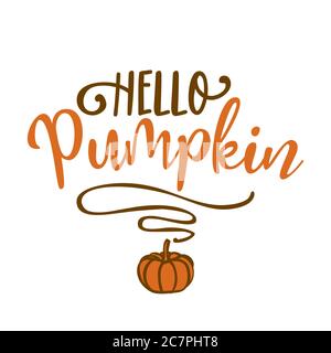 Ciao zucca - illustrazione vettoriale disegnata a mano. Saluto a colori autunnali. Ottimo per la prenotazione di scarti, poster, biglietti d'auguri, striscioni, tessuti, regali, shir Illustrazione Vettoriale