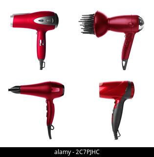 Diversi asciugacapelli su sfondo bianco Foto Stock