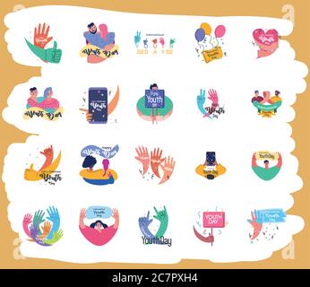 set di simboli della celebrazione internazionale della giornata giovanile disegno vettoriale illustrazione Illustrazione Vettoriale