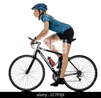 Un ciclista caucasica donna Ciclismo Equitazione bicicletta isolati su sfondo bianco Foto Stock