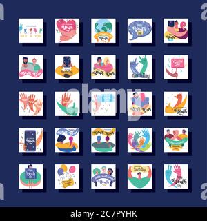 set di simboli della celebrazione internazionale della giornata giovanile disegno vettoriale illustrazione Illustrazione Vettoriale