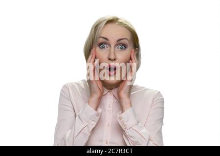 Estremamente scioccata businesslady con la sua bocca aperta. Foto Stock