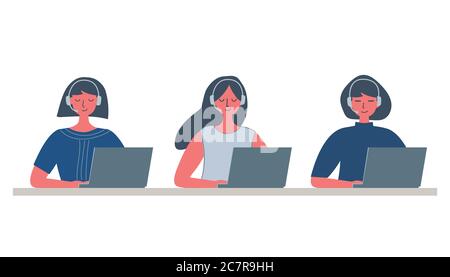 Banner Web per i lavoratori dei call center. Giovani donne in cuffia seduti al tavolo su uno sfondo bianco. Icone persone. Stile piatto funky. Vettore Illustrazione Vettoriale