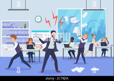 Boss arrabbiato in Office flat vettoriale illustrazione. I dipendenti spaventati sono rimasti sconvolti da furiosi personaggi cartoni animati dei top manager. Concetto di ambiente di lavoro stressante. Scadenze mancanti, individuazione dei lavoratori colpevoli Illustrazione Vettoriale