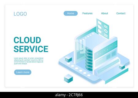 Modello vettoriale isometrico della landing page della tecnologia Big Data. Server Internet, tecnologia wireless. Memorizzazione di informazioni e database. Sito web dell'apparecchiatura hardware del computer home layout 3d Illustrazione Vettoriale