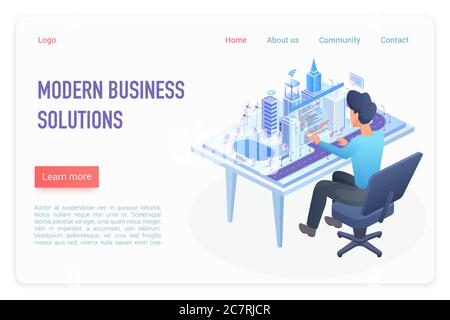 Modello vettoriale isometrico per le landing page delle moderne soluzioni aziendali. Architetto che lavora alla scrivania, modello urbano intelligente su desktop. Strategia aziendale. Sito web di costruzione urbana homepage 3D Concept Illustrazione Vettoriale
