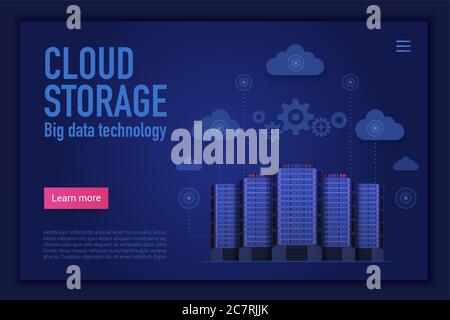 Modello di pagina di destinazione vettore archiviazione cloud. Concetto di home page del sito Web di gestione cloud, computing, database e storage di informazioni. Server del computer. Layout banner Web per la tecnologia dei big data Illustrazione Vettoriale