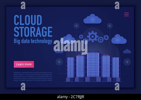 Modello di pagina di destinazione vettore archiviazione cloud. Concetto di home page del sito Web di gestione cloud, computing, database e storage di informazioni. Server del computer. Layout banner Web per la tecnologia dei big data Illustrazione Vettoriale