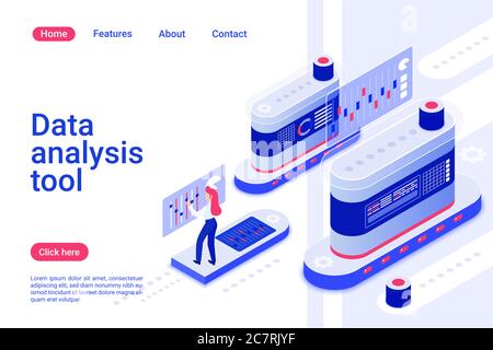 Modello di landing page isometrica dello strumento di analisi dei dati. Tecnologia di gestione delle informazioni. dispositivo 3d con dashboard per report statistici. Layout di progettazione di pagine Web per organizer di database digitali ad alta tecnologia. Illustrazione Vettoriale