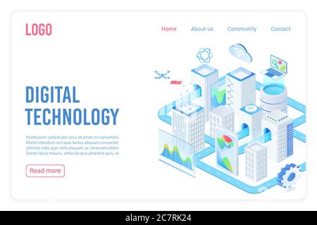 Modello vettoriale isometrico della landing page della tecnologia digitale. Internet delle cose, concetto di banner Web 3d per il servizio di cloud computing. Pagina iniziale del sito Web Smart City, telecomunicazioni, sincronizzazione dei dati Illustrazione Vettoriale