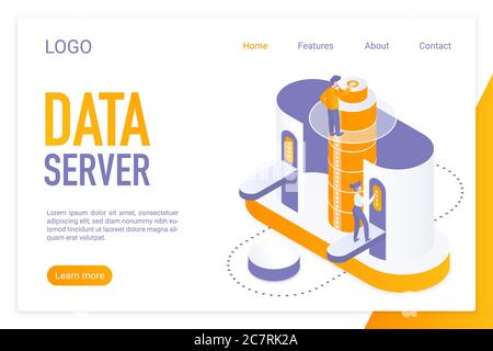 Modello vettore isometrico della pagina di destinazione del server di dati. Memorizzazione delle informazioni sul computer, layout 3d del banner Web dell'attrezzatura hardware. Data center, database, progettazione home page di siti Web di hosting Internet Illustrazione Vettoriale