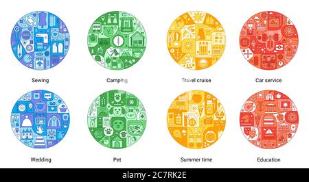Concetto di linea piatta rotonda di colore di cucito, campeggio, crociera di viaggio, servizio di automobile, ora estiva, matrimonio, intrattenimento, icone di animali domestici. Set di icone vettoriali vintage per copertina, emblema, badge, volantini, poster Illustrazione Vettoriale