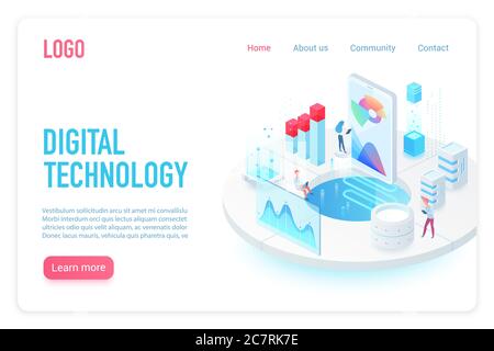 Modello vettoriale isometrico della landing page della tecnologia digitale e Internet. Interfaccia app e sviluppo web concetto di banner web 3d. Programmazione, ottimizzazione e test del software Illustrazione Vettoriale