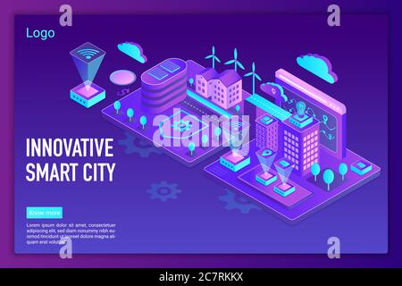 Modello vettoriale per la pagina di destinazione intelligente della città. Tecnologia Internet, sito INTERNET IOT homepage interfaccia idea con illustrazioni vettoriali isometriche. Concetto di cartoni animati per la connessione wireless globale Illustrazione Vettoriale