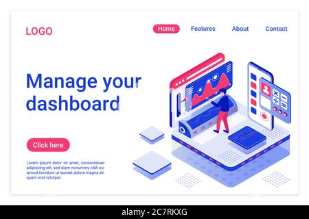 Modello di landing page isometrica per la gestione del dashboard. Organizzazione computerizzata dello spazio di lavoro. Preparazione dell'analisi dei dati KPI. Report statistici ottimizzazione servizi di progettazione di pagine web Illustrazione Vettoriale
