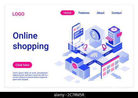 Modello di pagina di destinazione isometrica per gli acquisti online. Internet acquista banner Web promozionali. Commercio elettronico, commercio elettronico. Layout di progettazione di siti Web all'ingrosso online, per le vendite al dettaglio. Illustrazione Vettoriale