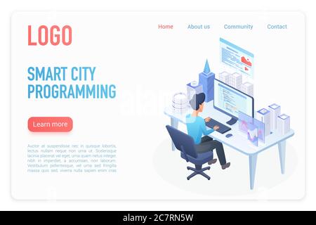 Modello vettoriale isometrico della pagina di destinazione per il controllo della gestione della programmazione delle città intelligente. Architetto costruttore che lavora alla scrivania, ologramma modello città intelligente su desktop. Strategia aziendale. Sito web di costruzione urbana homepage 3D Concept Illustrazione Vettoriale