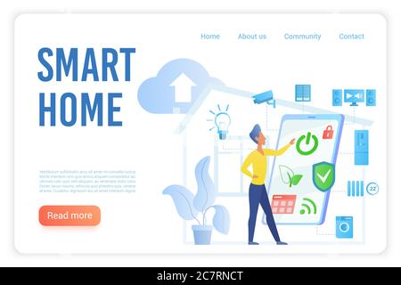 Modello di pagina di destinazione vettore piatto Smart Home. Concetto di homepage del sistema di controllo remoto per dispositivi domestici e elettrodomestici. Layout di banner Web ad alta tecnologia wireless futuristico Illustrazione Vettoriale