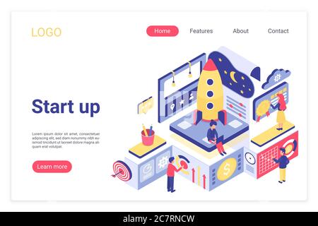 Modello vettore isometrico della pagina di destinazione di avvio. Team di marketing che lavora, lancio di una nuova azienda, avvio web banner 3d concept. Layout della home page del sito di start up, sviluppo aziendale e innovazione Illustrazione Vettoriale