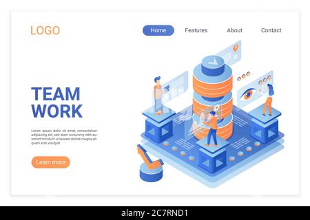 Modello vettore isometrico della pagina di destinazione del team Working. Analisi del mercato azionario, monitoraggio del concetto di banner Web 3d. Marketing e analisti lavoro di squadra. Innovazione aziendale, layout della home page del sito di analisi. Illustrazione Vettoriale