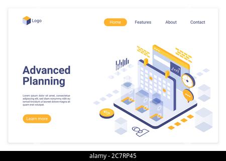 Modello vettoriale della pagina di destinazione isometrica per la pianificazione avanzata. Layout di progettazione di siti Web di gestione del tempo. Programmazione automatizzata del concetto 3d della pagina web. Organizzazione del flusso di lavoro e interfaccia pagina Web di ottimizzazione Illustrazione Vettoriale