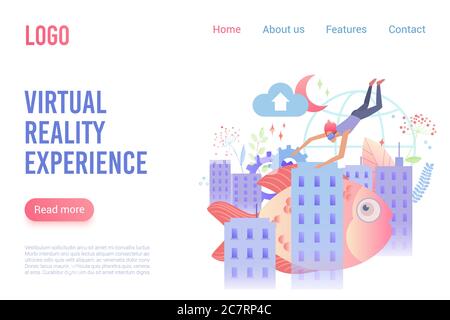 Modello di landing page vettoriale piatto per l'esperienza di realtà virtuale. Tuffati in occhiali VR godendoti il personaggio dei cartoni animati fantasy World. Opzioni di intrattenimento con realtà aumentata promo layout di progettazione di pagine di siti Web. Illustrazione Vettoriale