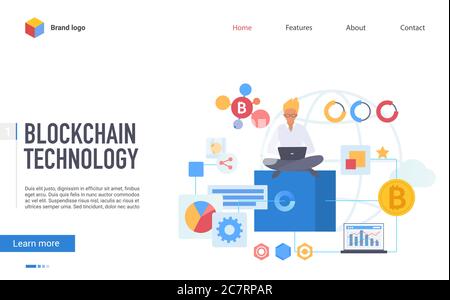 Modello vettoriale piatto della pagina di destinazione della tecnologia Blockchain. Layout di progettazione di siti Web per l'estrazione di criptovalute. Transazioni di denaro elettronico, concetto di cartoon di pagina web di bitcoin. Interfaccia della pagina Web FinTech Illustrazione Vettoriale