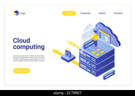 Modello di landing page vettoriale isometrico per il cloud computing. Hardware per computer, server Internet, home page del sito web hosting layout 3d. Data center, progettazione banner Web per lo storage di informazioni sincronizzato Illustrazione Vettoriale