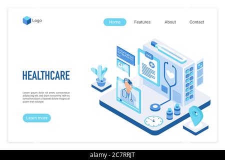 Modello vettoriale della pagina di destinazione isometrica per medicina e sanità. Layout di progettazione online di siti web di consulenza medica. Pagina web Telemedicine concetto 3d. Interfaccia online per la pagina web degli appuntamenti medici Illustrazione Vettoriale