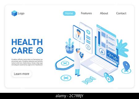 Modello vettore della pagina di destinazione per l'assistenza sanitaria. Diagnostica clinica, sito web ospedale home UI layout con illustrazione isometrica. Settore sanitario, banner web per servizi medici, concetto 3D per le pagine web Illustrazione Vettoriale