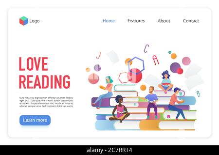 Ama leggere il modello di landing page vettoriale piatto. Archivio di letteratura per bambini e adulti layout della homepage del sito. Personaggi cartoni animati con libri. Biblioteca di libri di testo della scuola, disegno di banner di fotoricettore di auto-formazione Illustrazione Vettoriale