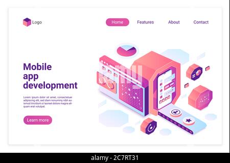 Modello di landing page vettoriale isometrico per lo sviluppo di app mobili. Layout di progettazione di siti Web di programmazione software. Mobile Applications Engineering pagina web concetto 3d. Interfaccia pagina Web DevOps Illustrazione Vettoriale