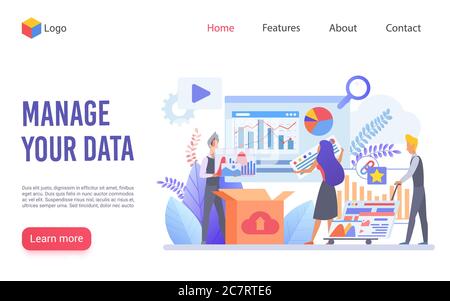 Modello di landing page vettoriale piatto per la gestione dei dati. Layout della homepage del sito di analisi aziendale. Organizzazione del flusso di lavoro e concetto di ottimizzazione. Progettazione di banner Web per l'archiviazione di informazioni digitali Illustrazione Vettoriale