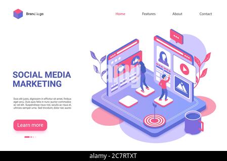 Modello vettore della landing page di marketing sui social media. Sito web di pubblicità virale internet layout UI con illustrazione isometrica. Campagna di attrazione del pubblico di destinazione banner web concetto 3D Illustrazione Vettoriale