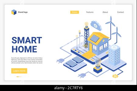 Modello vettore pagina iniziale intelligente. Sito web moderno eco-friendly tecnologia homepage layout interfaccia con illustrazione isometrica. Banner Web sulle fonti di energia rinnovabile, concetto 3D della pagina web Illustrazione Vettoriale