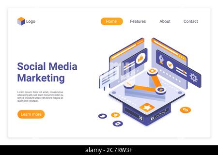 Modello vettoriale della landing page isometrica per il marketing dei social media. Layout di progettazione del sito Web degli strumenti SMM. Condivisione sociale. Concetto 3d della pagina web del marketing digitale. Interfaccia pagina Web di ottimizzazione dei contenuti Illustrazione Vettoriale