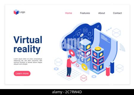 Modello vettoriale della landing page della tecnologia VR. Layout dell'interfaccia della home page dei dispositivi per la realtà virtuale con illustrazione isometrica. Banner Web innovazione per il tempo libero e il business, concetto di cartoon per le pagine web Illustrazione Vettoriale