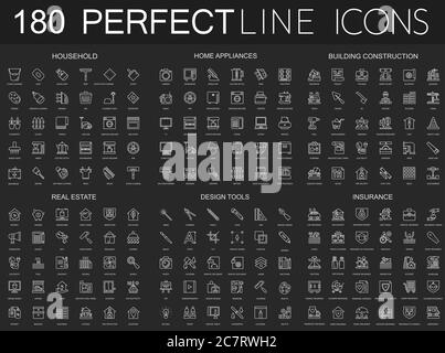 180 icone moderne e sottili su sfondo nero scuro. Casa, elettrodomestici, costruzione di edifici, immobili, strumenti di progettazione, assicurazioni isolate Illustrazione Vettoriale
