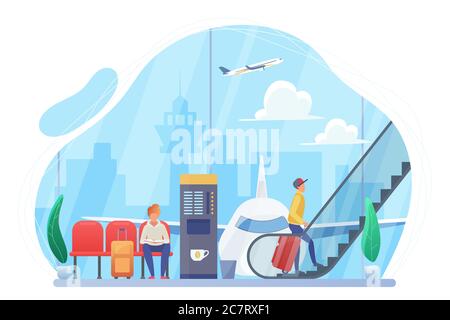 Persone in sala aeroporto piatto illustrazione vettoriale. Passeggeri con personaggi cartoni animati valigie. Viaggiatori con bagaglio in attesa di volo nella sala partenze. Viaggio, viaggio. Vacanza, viaggio Illustrazione Vettoriale