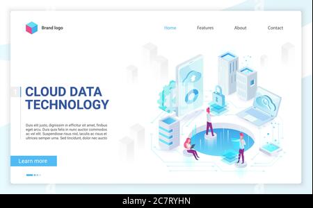 Modello vettoriale isometrico della pagina di destinazione della tecnologia dei dati cloud. I programmatori di persone servono le attrezzature. Archiviazione di database, crittografia e protezione dei dati. Pagina iniziale del sito Web di cloud computing. Illustrazione Vettoriale