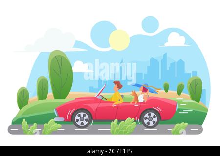 Illustrazione vettoriale piatta per viaggi in auto. Coppia con il cane in caratteri cabriolet cartoon. Uomo e donna che viaggiano con animale domestico. Viaggio in famiglia durante il fine settimana. Paesaggio urbano, grattacieli. Vacanza estiva, viaggio Illustrazione Vettoriale