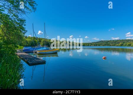 Max-Eyth-See o Lago Max Eyth, Distretto Città di Mühlhausen, Città di Stoccarda, Baden-Württemberg, Germania del Sud, Europa Centrale Foto Stock