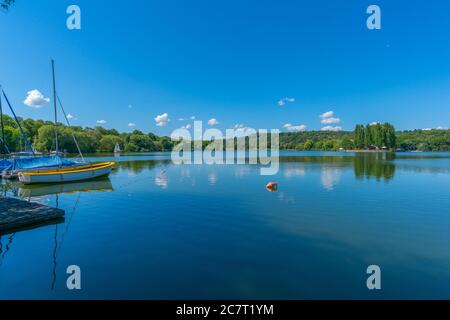 Max-Eyth-See o Lago Max Eyth, Distretto Città di Mühlhausen, Città di Stoccarda, Baden-Württemberg, Germania del Sud, Europa Centrale Foto Stock