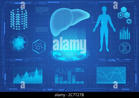 Illustrazione vettoriale futuristica dell'ologramma medico del fegato umano. Interfaccia di realtà virtuale per lo screening di modelli 3d epatici. Diagrammi, infografiche grafici a torta, icone della medicina vr e AR e dell'assistenza sanitaria. Illustrazione Vettoriale