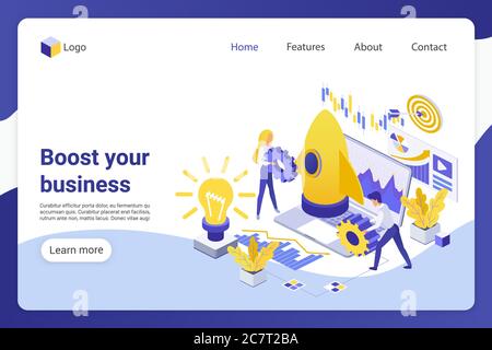 Modello vettore pagina di destinazione isometrica per il Business Boost. Uomini d'affari, imprenditori maschili e femminili personaggi senza volto. Sviluppo di progetti, promozione aziendale web banner home page design layout Illustrazione Vettoriale