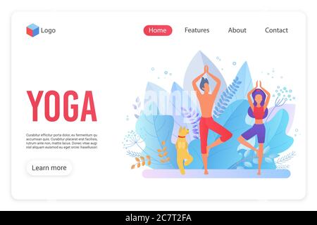 Yoga famiglia classi piano landing page modello. Layout della homepage del sito dell'esercizio di meditazione. Uomo e donna si accoppiano con il cane in posa concentrazione. Pilates workout web banner disegno vettoriale Illustrazione Vettoriale