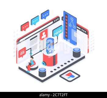 Illustrazione vettoriale isometrica del servizio bot di chat. Supporto virtuale. Assistenza e consultazione ai. Servizio clienti, chiacchiere. Macchina digitale per il dialogo. Elemento di progettazione concettuale di chatbot cartoon Illustrazione Vettoriale